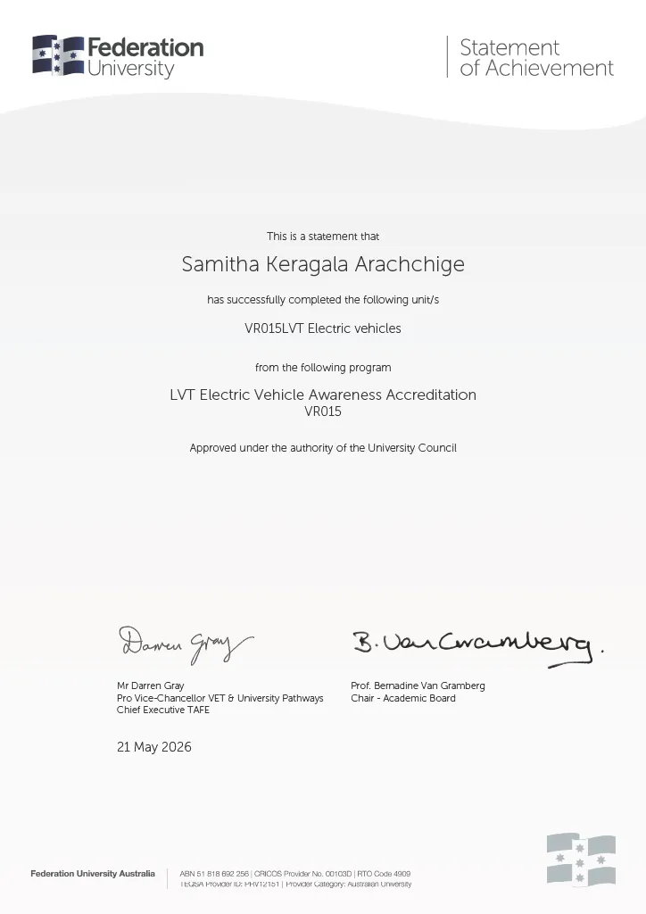 Official LVT Electric Vehicle Awareness Accreditation certificate issued to Garage Full Throttle's licensed vehicle tester, confirming EV roadworthy testing eligibility.