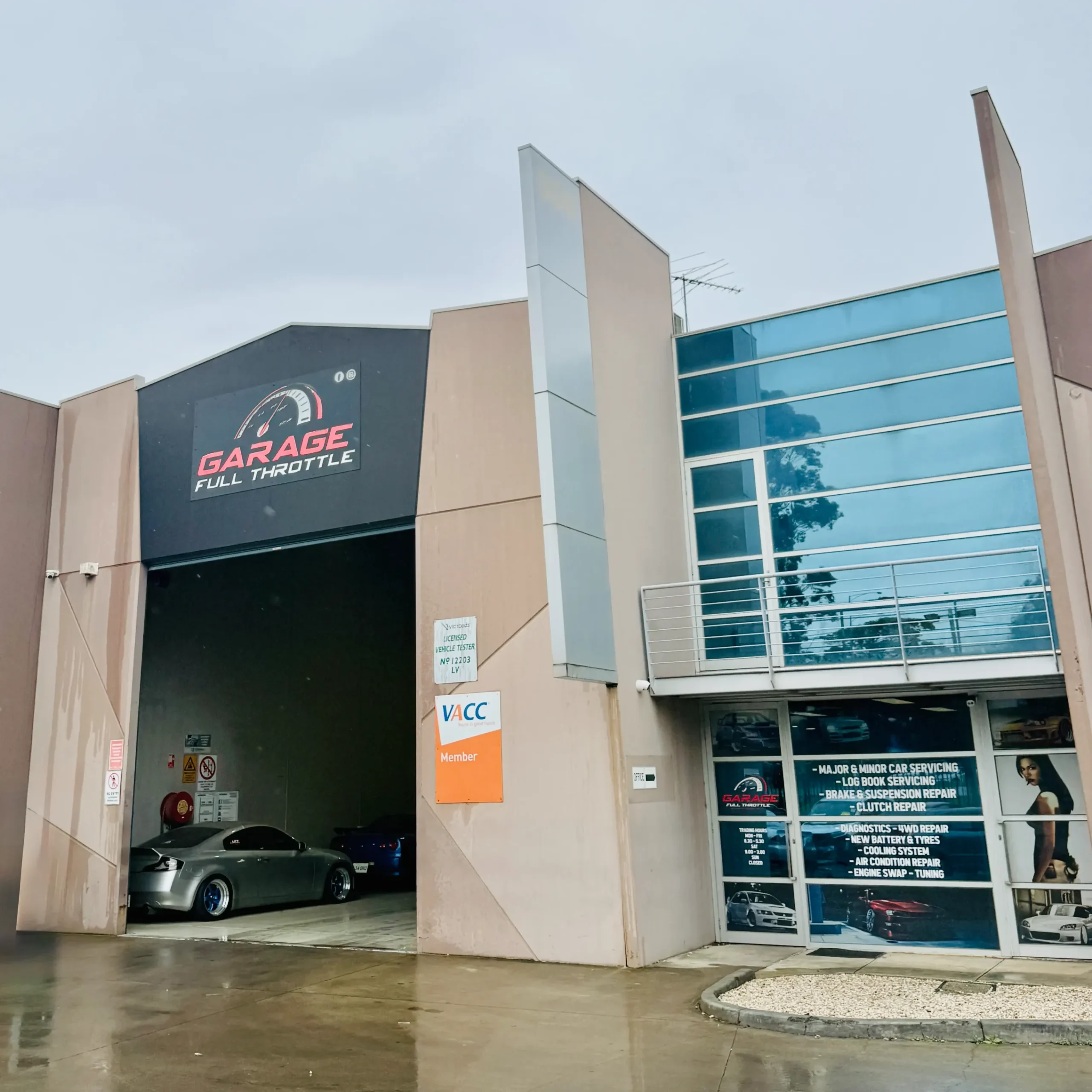Garage Full Throttle workshop exterior in Craigieburn showing VicRoads Licensed Vehicle Tester certification and VACC membership, an authorised roadworthy inspection station in Melbourne's northern suburbs.