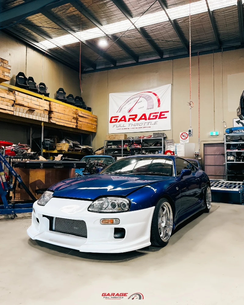 Toyota Supra at Garage Full Throttle authorised roadworthy inspection station in Craigieburn Melbourne showing professional workshop facility